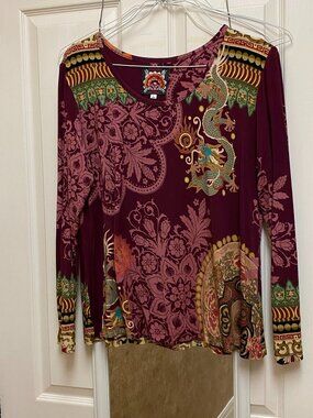 JOHNNY WAS Burgundy Dragon Favorite Crew Neck Swing Tee Bamboo Top Shirt L